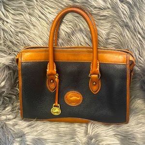 Vintage 80’s Dooney & Burke black and tan pebbled, leather satchel handbag